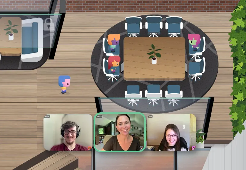 Screenshot of a virtual meeting space centered around a square wooden table