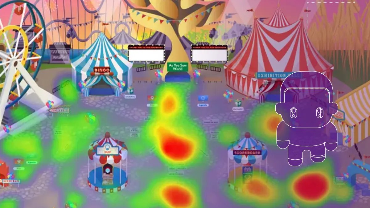 Screenshot showing a color-coded map of user traffic overlaid over the space of a virtual event