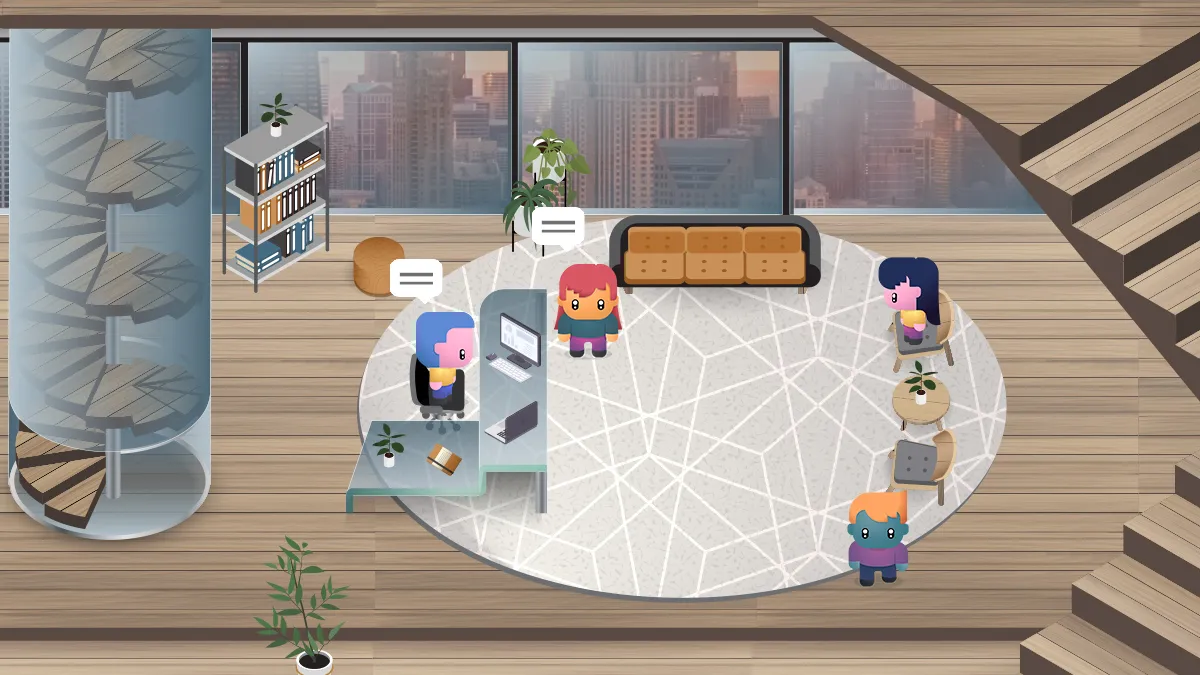 Screenshot of a group of 4 employees working in a virtual office