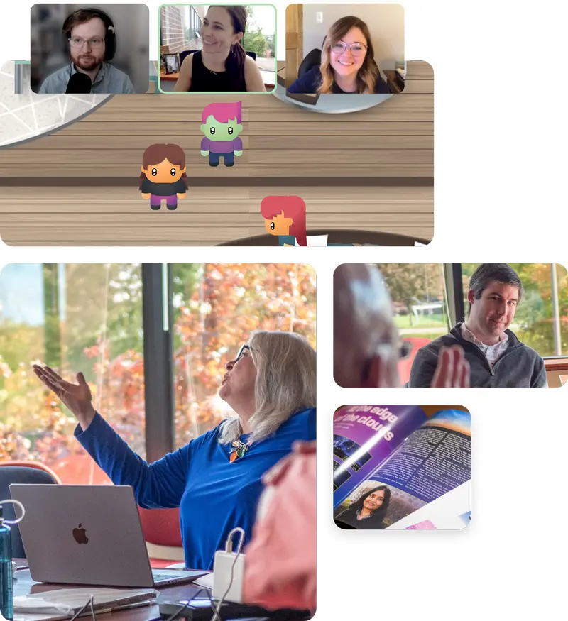 Collage of photographs showing the Uncork-it team collaborating in both virtual and real world spaces