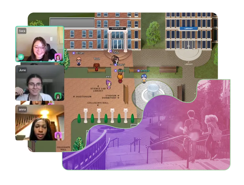 A collage of photos and illustrations showing students interacting in a virtual tour with an overlaid image of a campus.