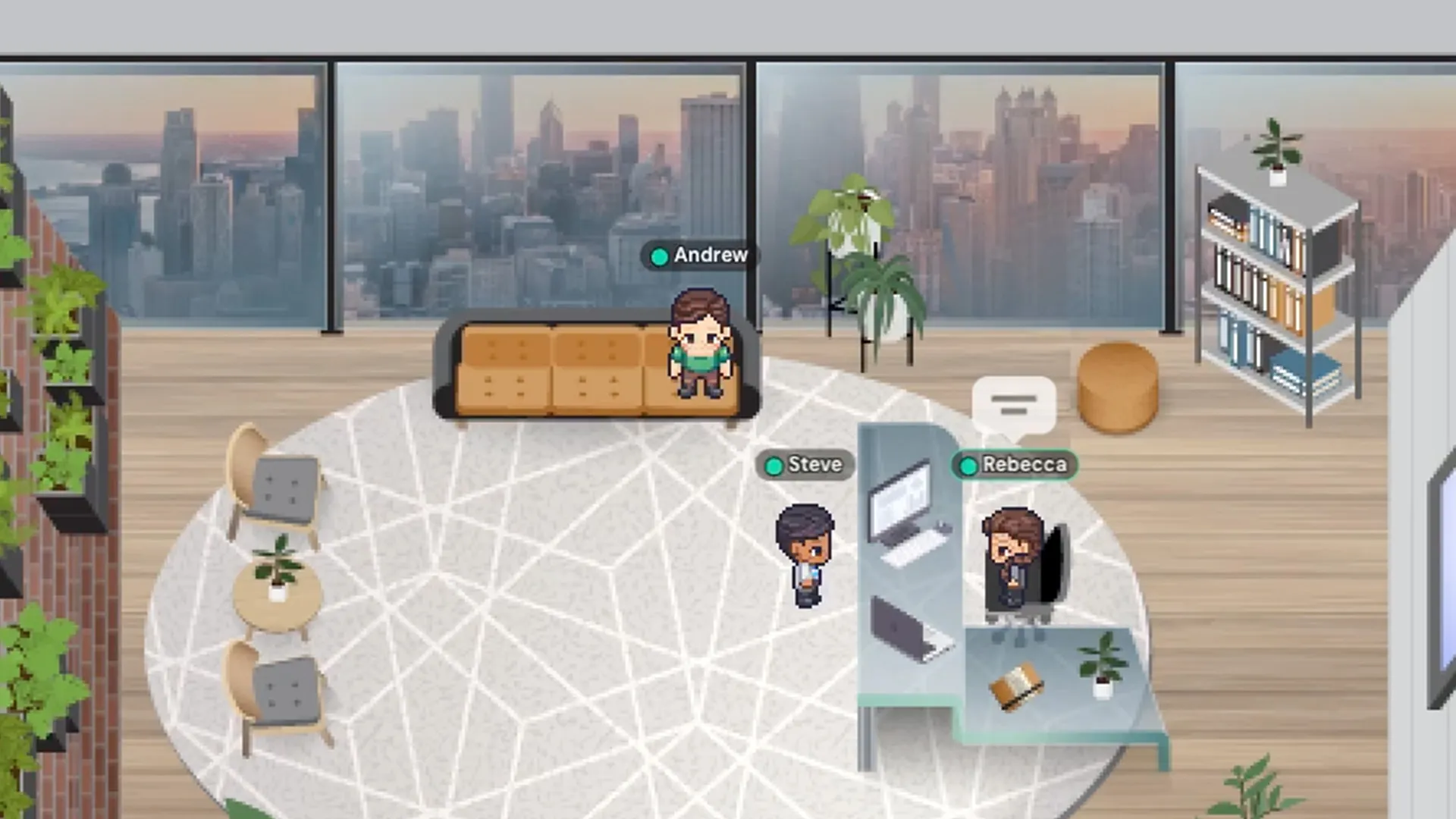 An image of a virtual office with three avatars that are conversing