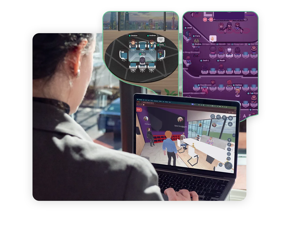 A photo collage featuring a primary image shot over-the-shoulder of a person interacting with a 3D virtual experience on a laptop. Flowing shapes emerge from behind the laptop that hold screenshots of 2 virtual experiences: a meeting in an office and a large conference.