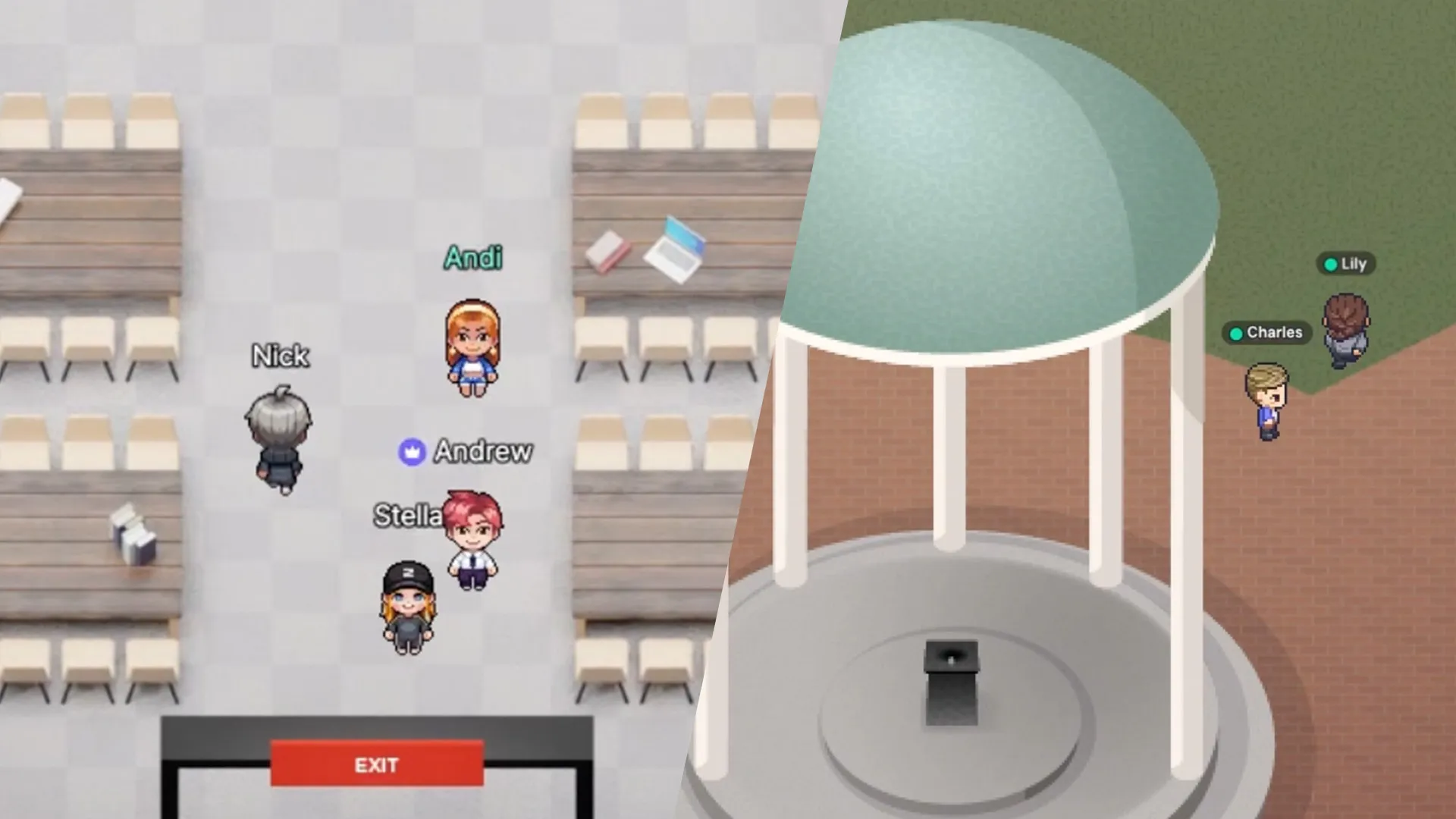 An image showing several avatars on a college campus virtual space