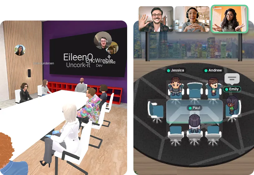 A set of two screenshots in a row. The first screenshot is of a group holding a meeting in a 3D office space. The second screenshot is of a 2D virtual meeting space centered around a glass table with video chat boxes superimposed