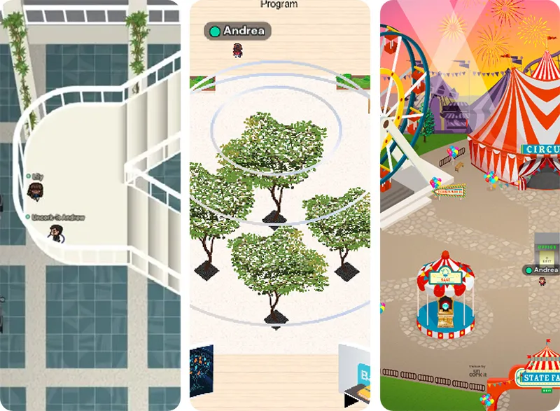 Triptych of three screenshots showing a virtual office building, arboretum, and fairground