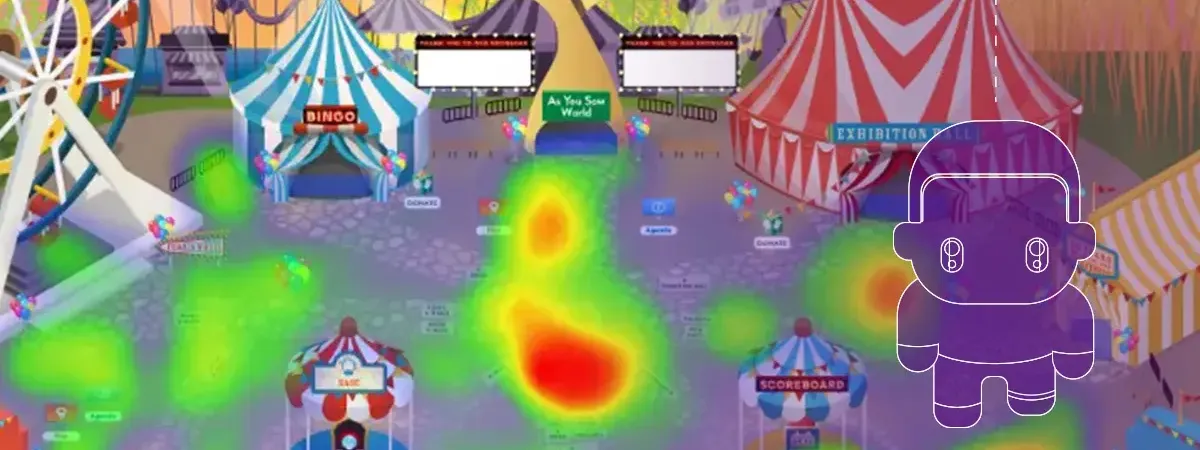 Screenshot showing a color-coded map of user traffic overlaid over the space of a virtual event