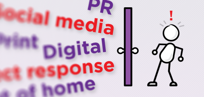 image of marketing words and marketer separated by a door