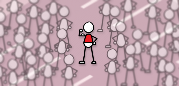 image of a figure looking confused surrounded by a hazy crowd