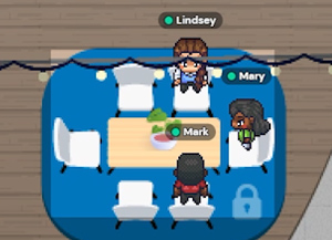 A screenshot of three avatars at a table.